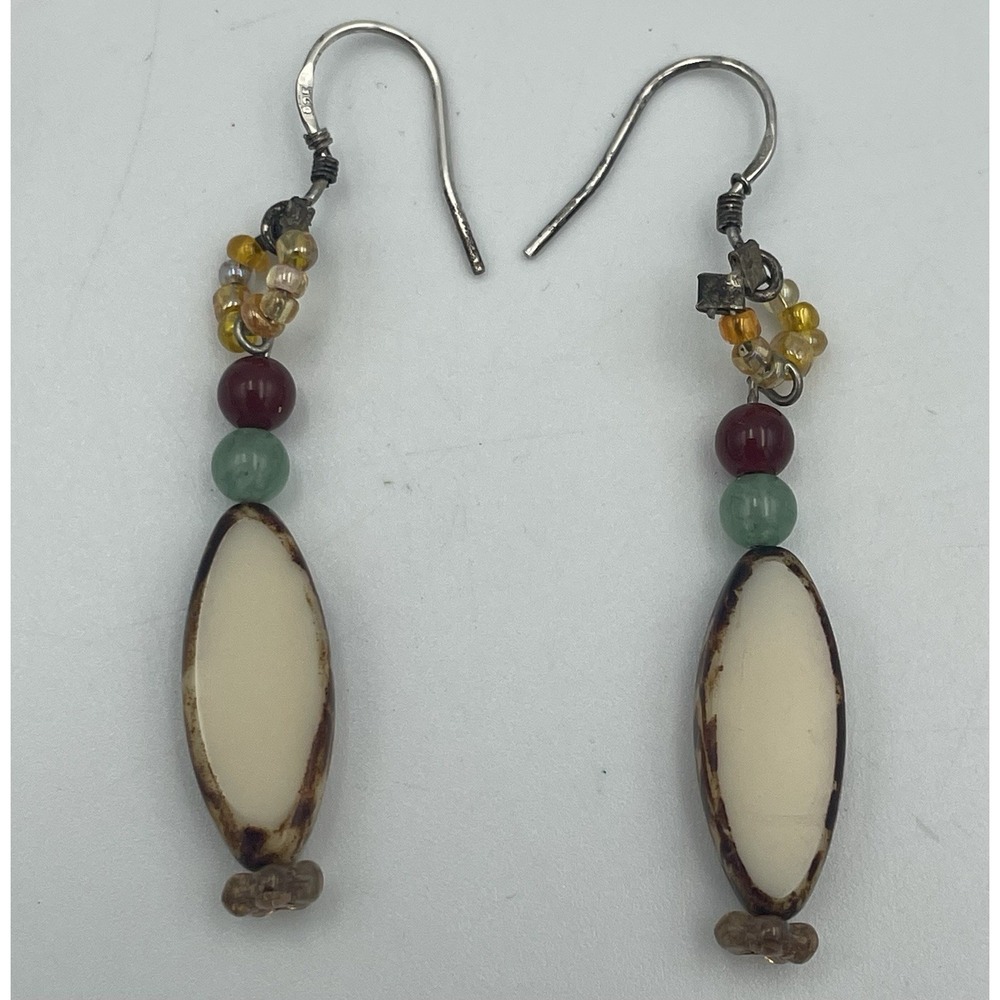 Beaded Boho Dangle Earrings Czech Glass Spindle Bead Jewelry 925 Sterling Hooks